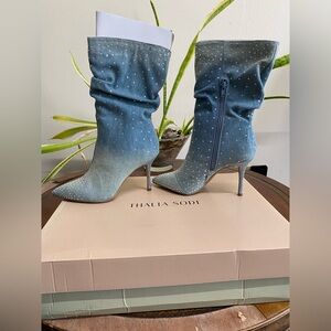 Thalia Sodi Denim Blue Rhinestone Heeled Boots, multiple sizes